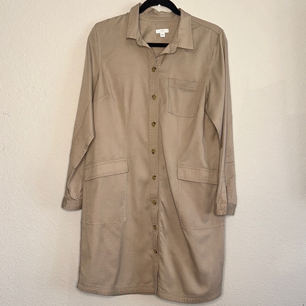 J. Jill Tan Button-Front Midi Shirt Dress with Pockets